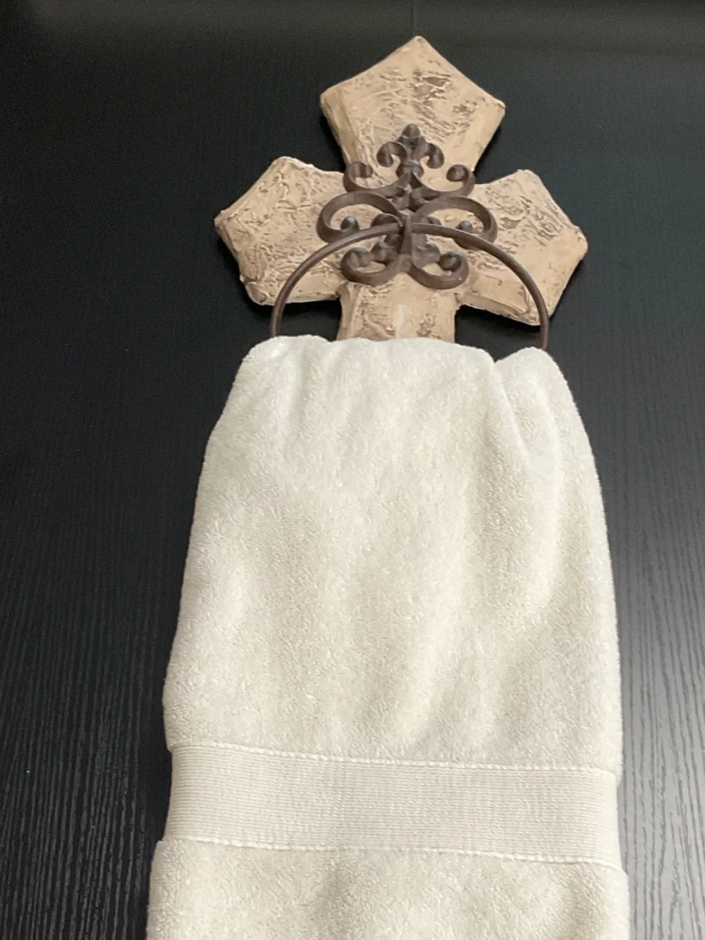 Textured Beige Wall Cross with Dark Bronze Towel Ring